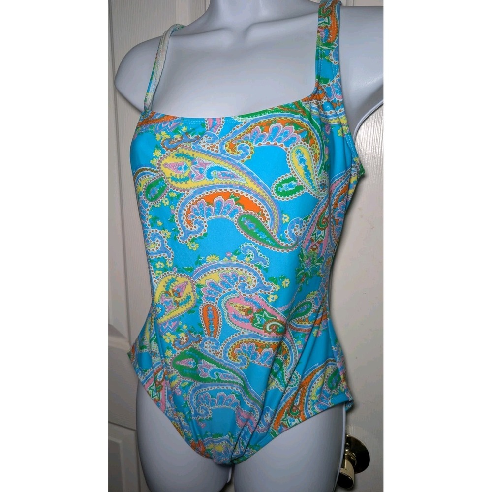 Vtg La Blanca Tropidelic‎ Paisley Scoop-Neck One-Piece Swimsuit Size 14 Bright